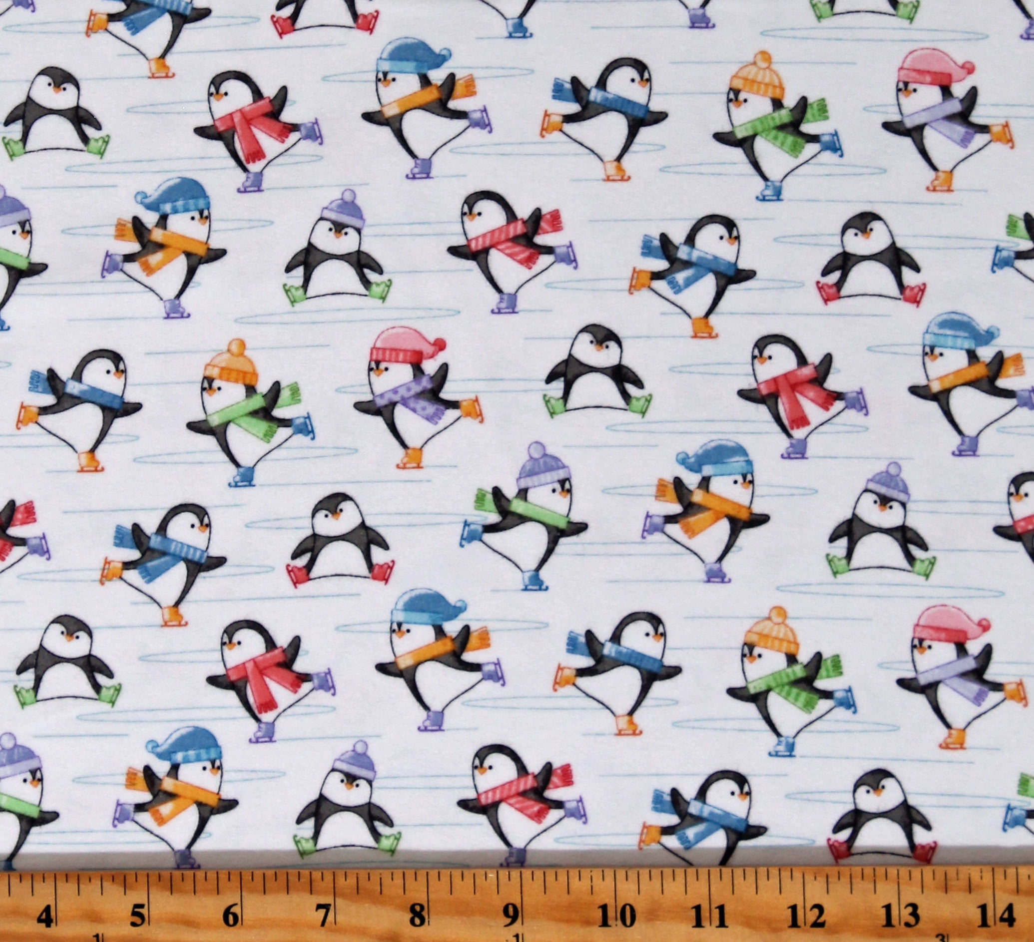 Flannel Penguins Ice Skating Winter Holidays Animals Feelin' Frosty Icy White Cotton Flannel Fabric Print by the Yard (F10298-10)