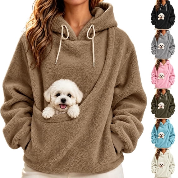 Flannel Pet Pouch Hoodie For Women, Ultra-Soft Pocket Front Sweatshirt, Pet Carrier Sweater For Small Dogs & Cat, Light Gray, M