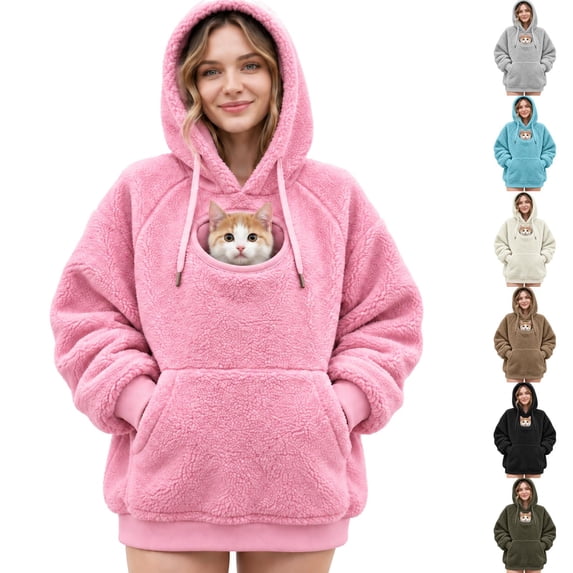 Flannel Pet Pouch Hoodie For Women, Fluffy Warm Cat Hoodie With Pouch, Pet Carrier Sweatshirt With Drawstring For Dogs & Snack Hoodies Pet Lovers, Sky Blue, L