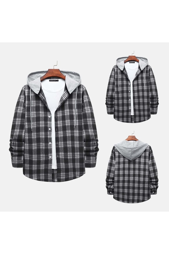 Flannel Plaid Hooded Shirt for Men Clearance Sales, Drawstring Long Sleeve Shacket Jacket Regular Fit Button Down Shirt Jackets Spring Fashion Outerwear