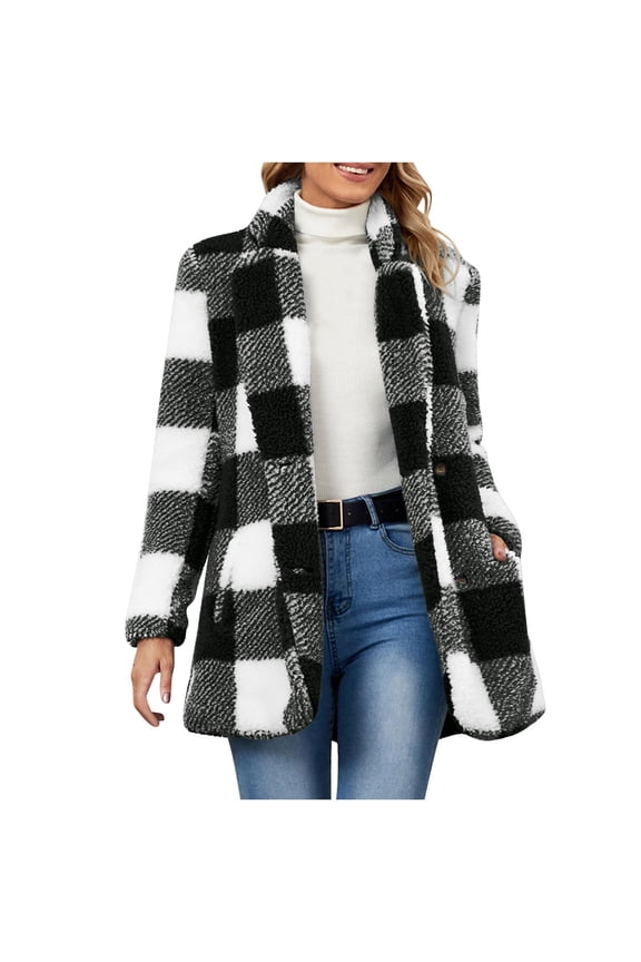 Flannel Plaid Jacket for Women Fleece Fuzzy Blazer Coat Warm Winter Button Down Casual Lightweight Soft Teddy Outerwear