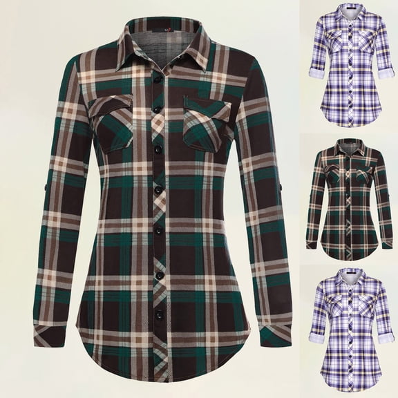 Flannel Plaid Jackets for Women Button Down Collared Tunic Shirts Long Sleeve Loose Fit Casual Fall Winter Warm Womens Plaid Tops