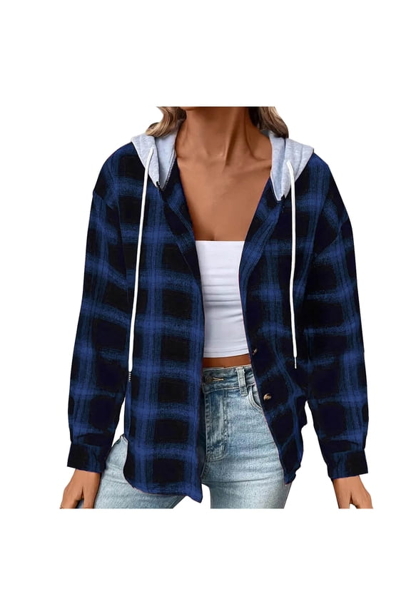 Flannel Plaid Jackets for Women Hoodie Button Up Shirt Shackets Long Sleeve Fashion Hooded Autumn Outerwear