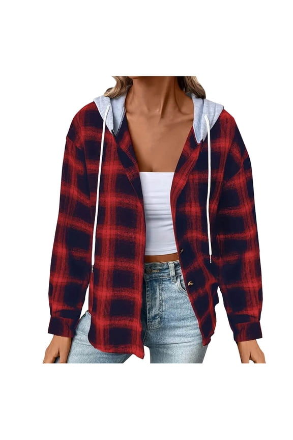 Flannel Plaid Jackets for Women Hoodie Button Up Shirt Shackets Long Sleeve Fashion Hooded Autumn Outerwear