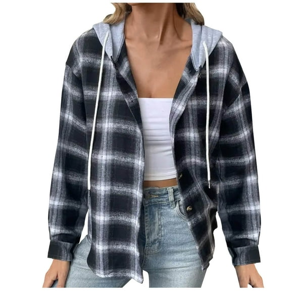 Flannel Plaid Jackets for Women Hoodie Button Up Shirt Shackets Long Sleeve Fashion Hooded Autumn Outerwear