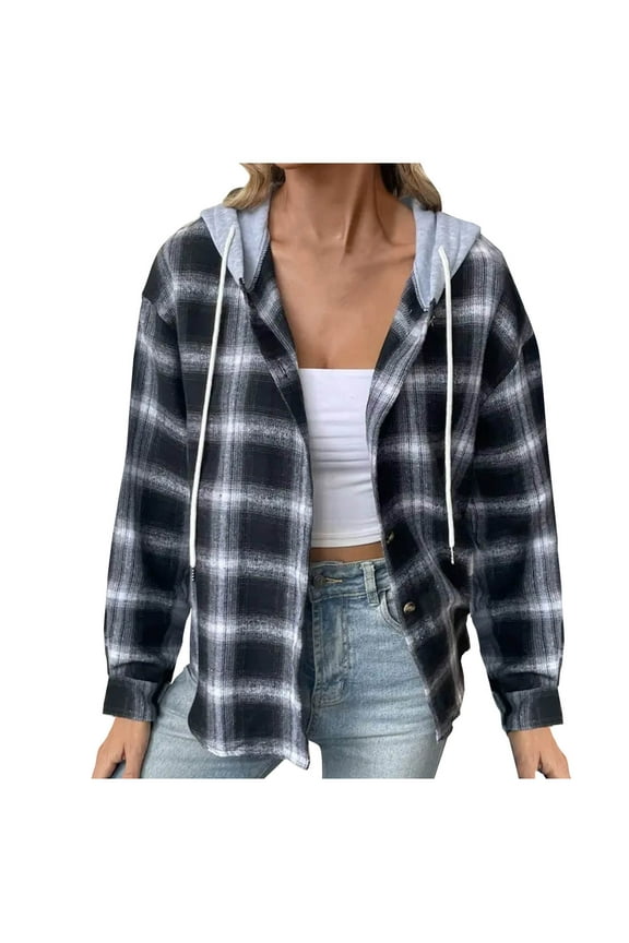 Flannel Plaid Jackets for Women Hoodie Button Up Shirt Shackets Long Sleeve Fashion Hooded Autumn Outerwear