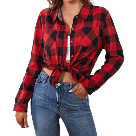 Flannel Plaid Jackets for Women Long Sleeve Button Down Red Plaid Shirts Loose Fit Casual Fall Winter Warm Flannel Womens Plaid Coat