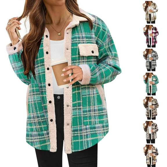 Flannel Plaid Jackets for Womens Fashion Plus Size Flannel Plaid Shirts Pockets Long Sleeve Outwear Coat