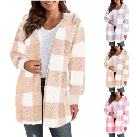 Flannel Plaid Jackets for Womens Fashion Plus Size Hooded Long Sleeved Loose Cardigan Coat