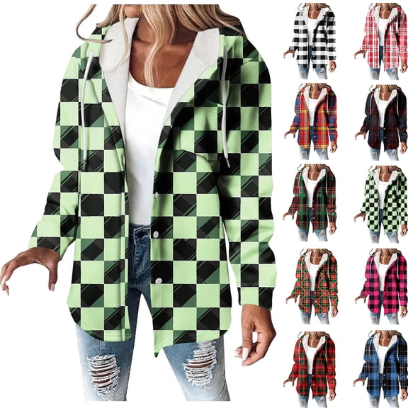 Flannel Plaid Jackets for Womens Fashion Plus Size Plaid Printe Long-sleeved Long-sleeved Hooded Casual Coat