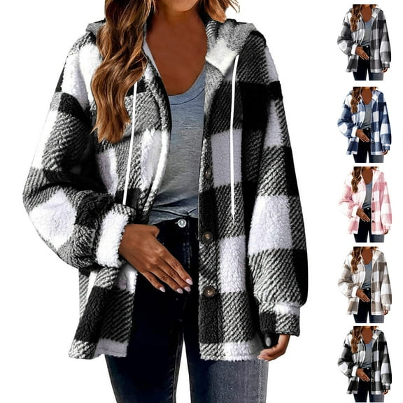 Flannel Plaid Jackets for Womens Fashion Plus Size V-Neck Pullover Long Sleeve Hooded Blouse Sweatshirt