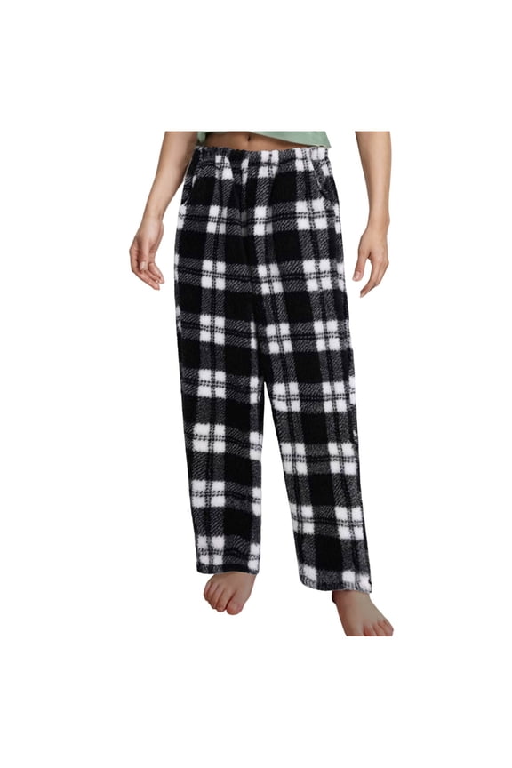 Flannel Plaid Pants Women Loose Fit Casual Warm Fleece Lined Cargo Pants with Pockets Winter Lounge Trousers Cozy Christmas Gifts for Women | Sopatenor,Black XL