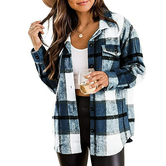 Flannel Plaid Shacket for Women Long Sleeve Button Down Shirts Jacket Fall Winter Mid-Length Outfits(Blue,S)