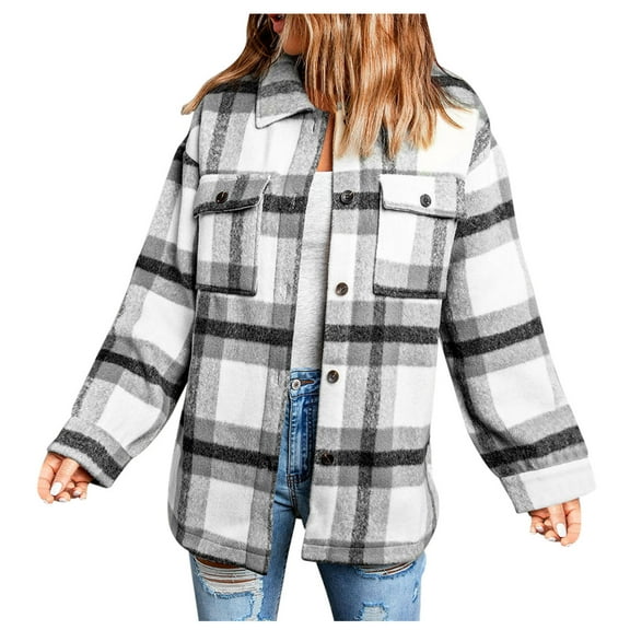 Flannel Plaid Shacket for Women Long Sleeve Button Down Shirts Jacket Fall Winter Mid-Length Outfits(Gray,S)