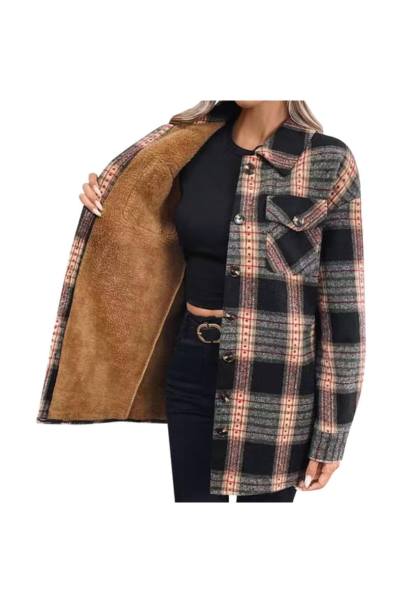 Flannel Plaid Shackets for Women Lapel Collar Button Down Shirt Jacket Sherpa Fleece Lined Winter Coat with Pocket (XL, Black)