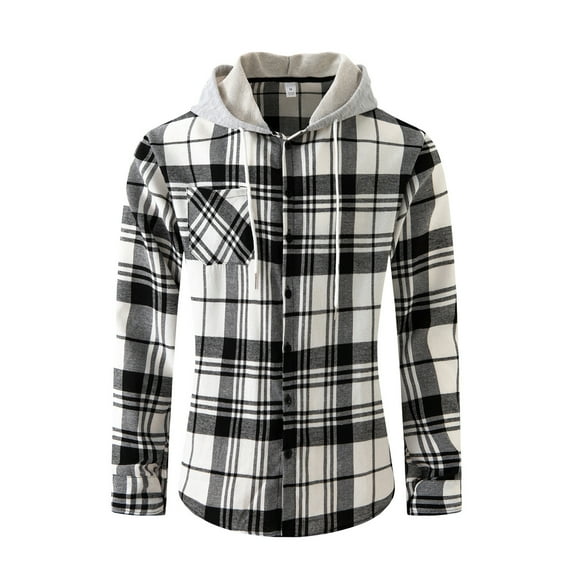 Flannel Plaid Shirt Jacket for Men Button Up Hooded Shirts White Size L