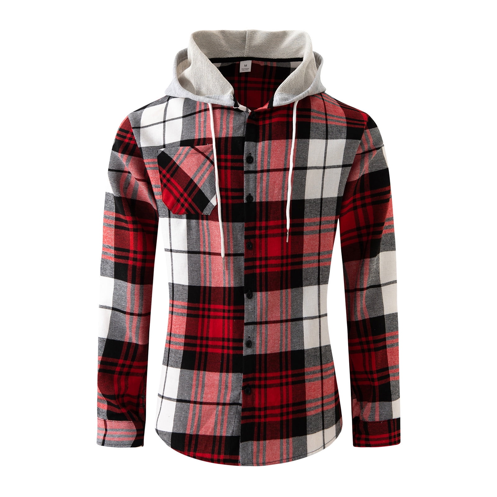 Flannel Plaid Shirt Jacket for Men Button Up Hooded Shirts Wine