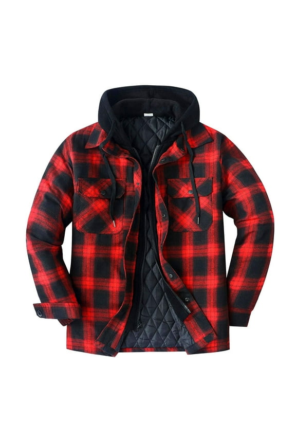 Flannel Plaid Shirt Jacket for Men Heavyweight Quilted Polyester Lined Snap Zip Up Hoodie Sweatshirt Coat (L, Red)