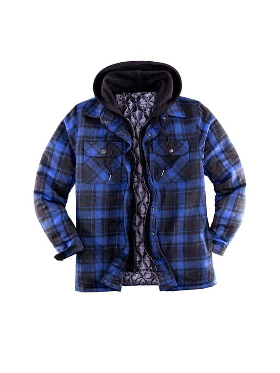 Flannel Plaid Shirt Jacket for Men Heavyweight Quilted Polyester Lined Snap Zip Up Hoodie Sweatshirt Coat (S, Dark Blue)