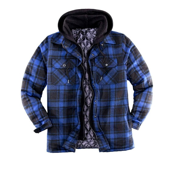 Flannel Plaid Shirt Jacket for Men Heavyweight Quilted Polyester Lined Snap Zip Up Hoodie Sweatshirt Coat (S, Dark Blue)