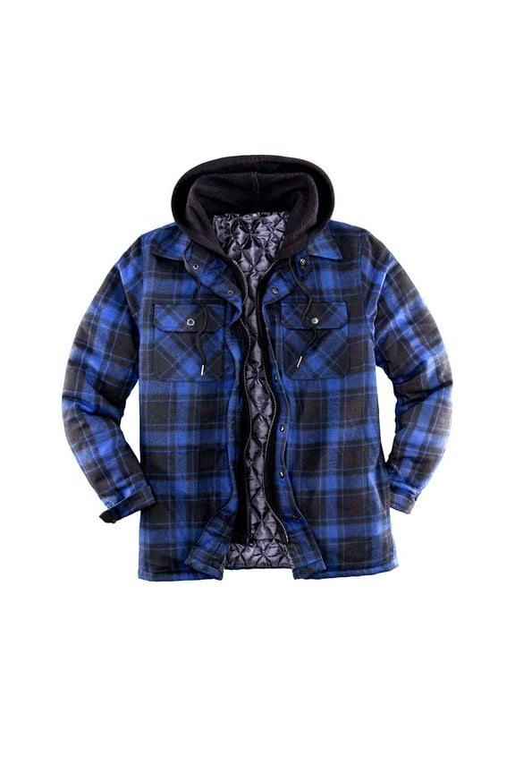 Flannel Plaid Shirt Jacket for Men Heavyweight Quilted Polyester Lined Snap Zip Up Hoodie Sweatshirt Coat (XL, Dark Blue)