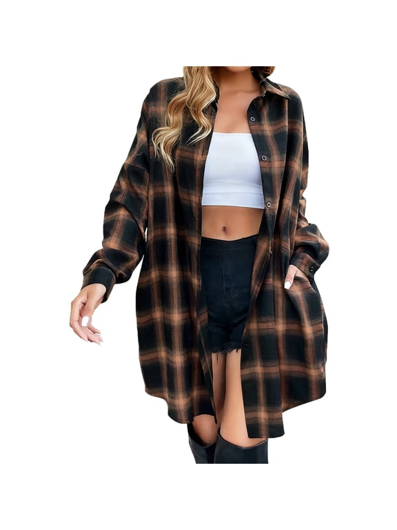 Flannel Plaid Shirts Women Button Down Long Jackets Fall Outwear with Pockets Lapel Collar Shackets Coat Mid-length (M, Brown)