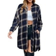 thumbnail image 1 of Flannel Plaid Shirts Women Button Down Long Jackets Fall Outwear with Pockets Lapel Collar Shackets Coat Mid-length (XL, Navy), 1 of 3