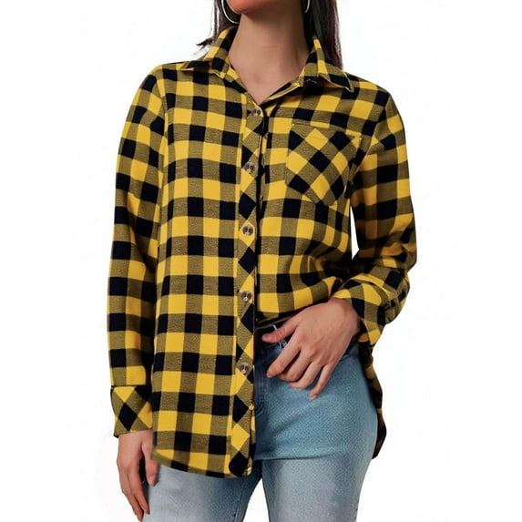 Flannel Plaid Shirts Womens Long Sleeve Button Up Shacket Jacket Lightweight Casual Fall Tops Loose Fit, Yellow XL