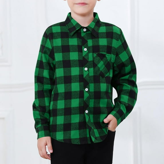 Flannel Plaid Shirts for Boys 3-9 Years Front Pocket Long Sleeve Button Up Collared Shackets Tops Casual Outerwear (4-5 Years, Green)