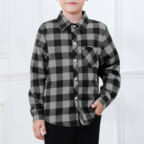 Flannel Plaid Shirts for Boys 3-9 Years Front Pocket Long Sleeve Button Up Collared Shackets Tops Casual Outerwear (7-8 Years, Gray)