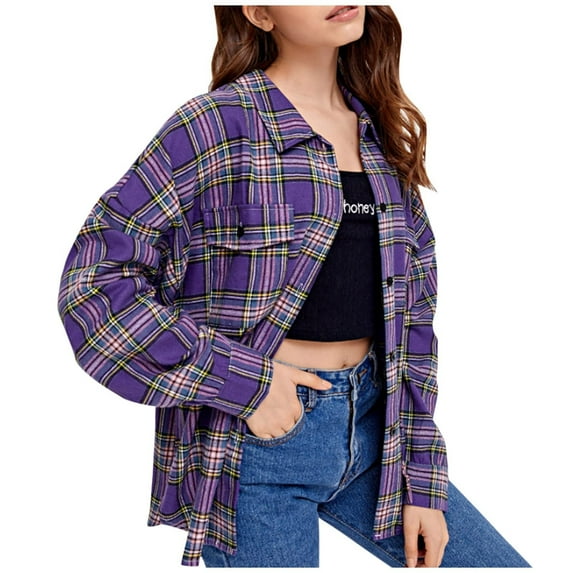 Flannel Plaid Shirts for Women Loose Fit Boyfriend Long Sleeve Button Down Shirt Casual Fall Blouse Jackets