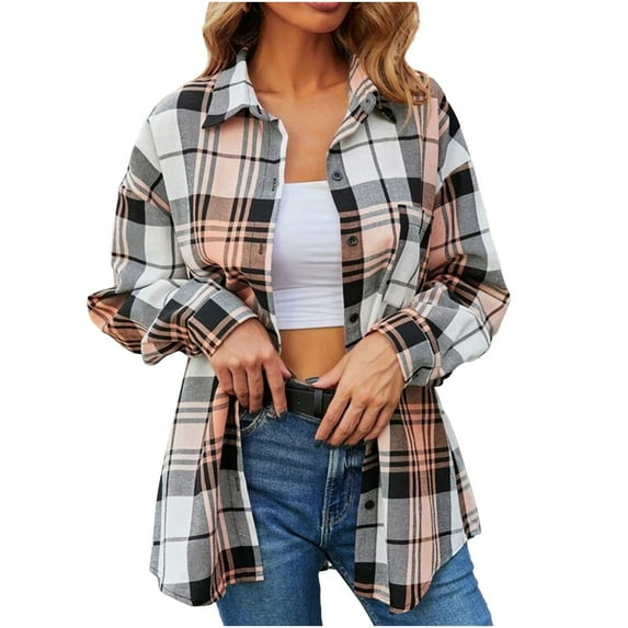 Flannel Plaid Shirts for Women Loose Fit Boyfriend Long Sleeve Button Down Shirt Casual Fall Blouse Jackets