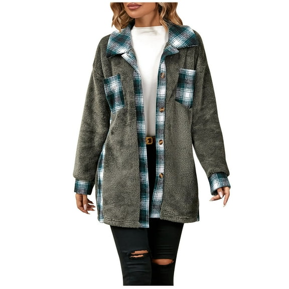 Flannel Plaid Thick Coat Winter Coat for Warmth Button down Warm and Fuzzy Fleece Jacket Women's Casual Button Down Long Sleeve Shirt Jacket Coats with Pocket Strendy Cardigans