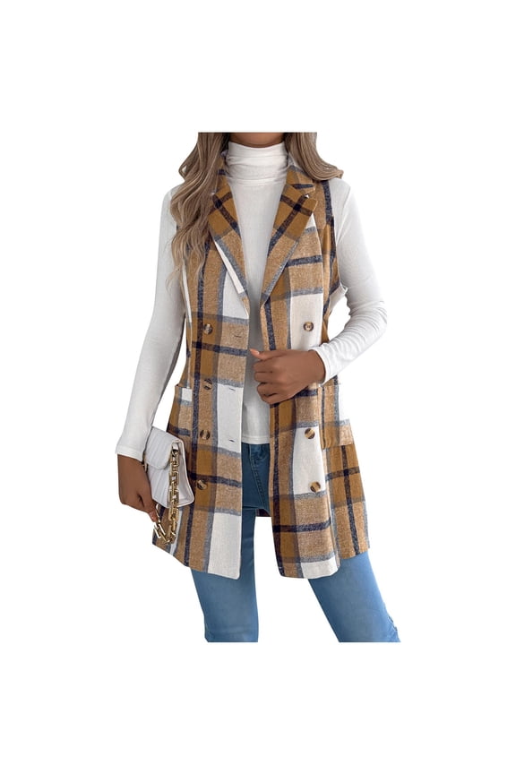 Flannel Plaid Vest Womens Sleeveless Jackets Notch Collar Double Breasted Mid Length Waistcoat Fall Outerwear (M, Khaki)