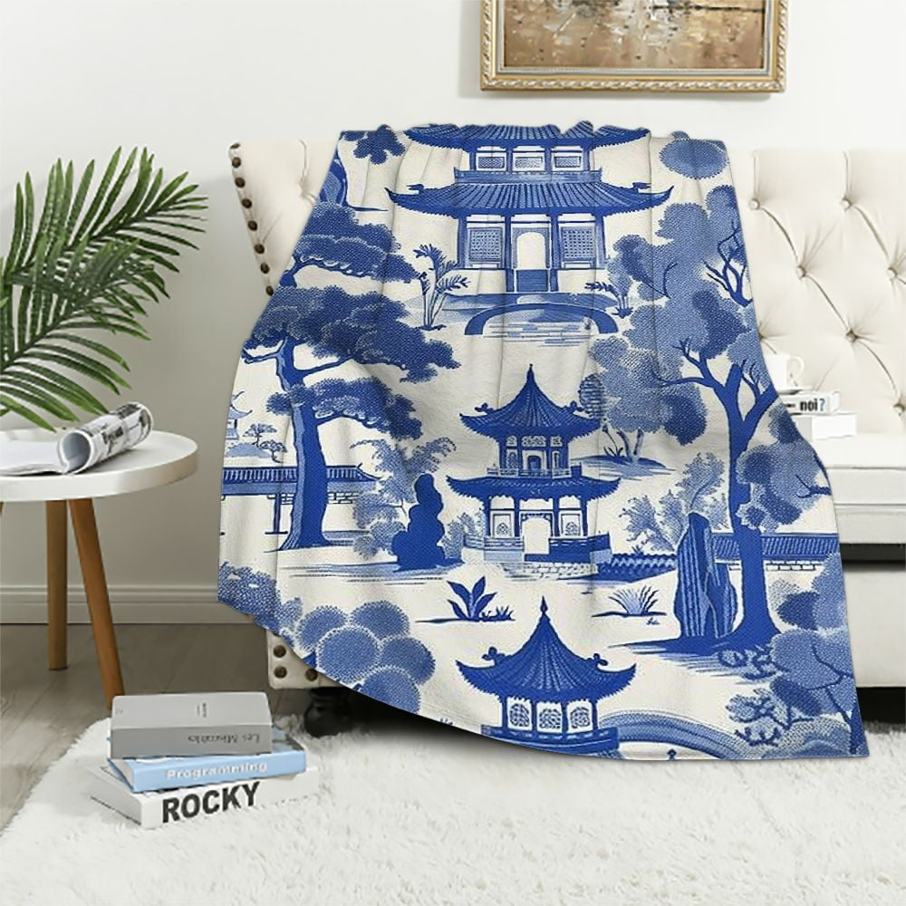 Flannel Plush Throw Blanket Chinoiserie Blue and White Asian Pagoda and