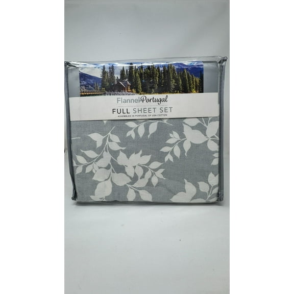 Flannel from Portugal Full 4-Piece Flannel Sheet Set 100% Cotton, Gray Leaf Print, Warm & Ultra Soft Brushed Flannel, Assembled in Portugal of USA Cotton