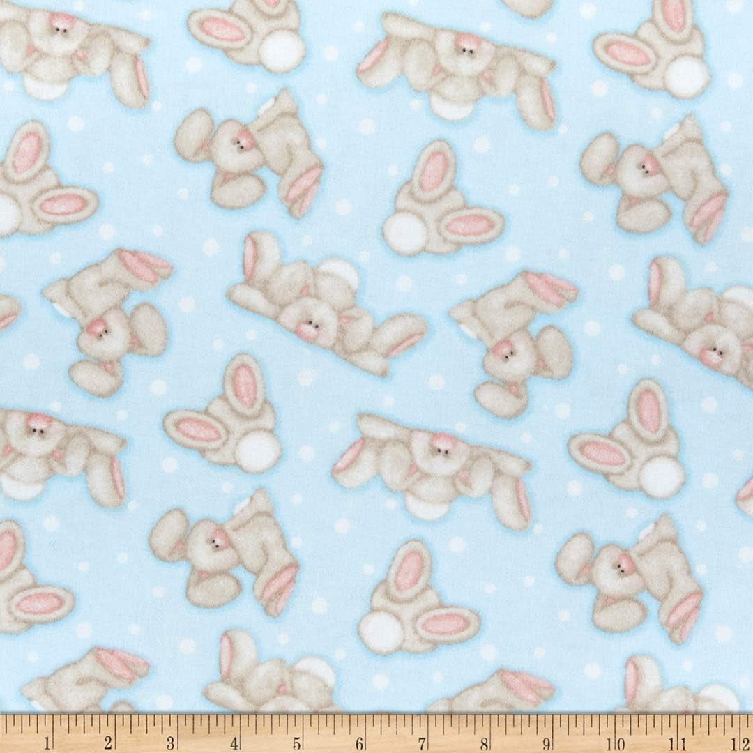 Flannel Print Bunnies Posing Blue, Fabric by the Yard
