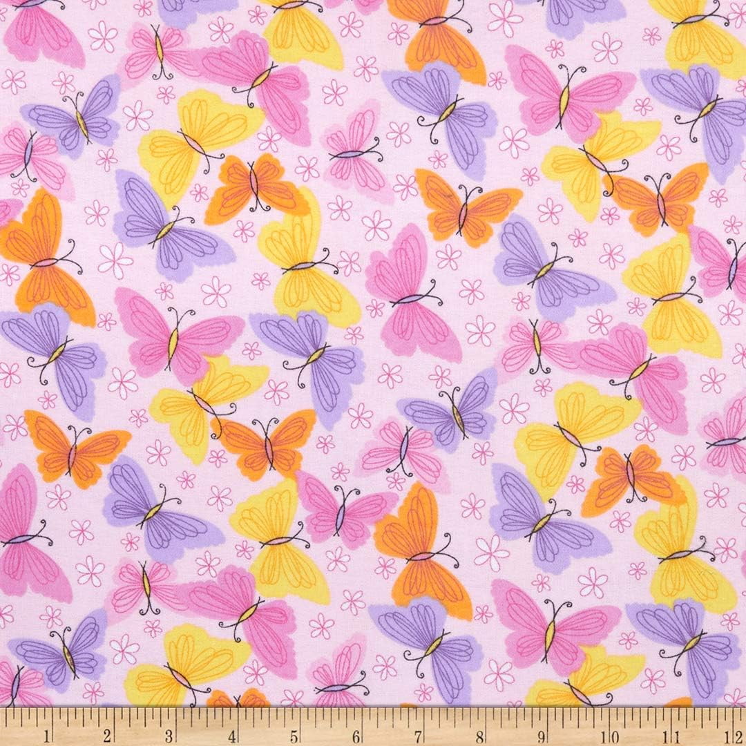 Flannel Print Colorful Butterflies & Flowers, Fabric by the Yard