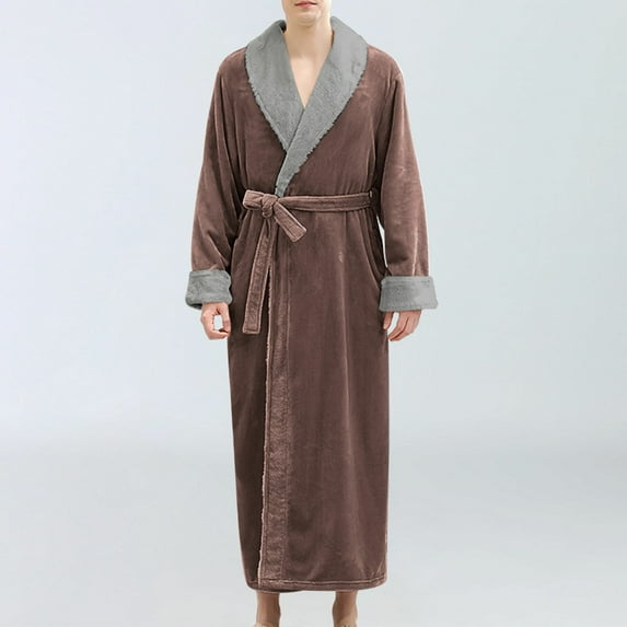 Flannel Robes for Men with Belt Long Sleeve Plush Fleece Bathrobes Mens Casual Color Block Collared Thermal Warm Ankle Length Loungewear Bath Robe