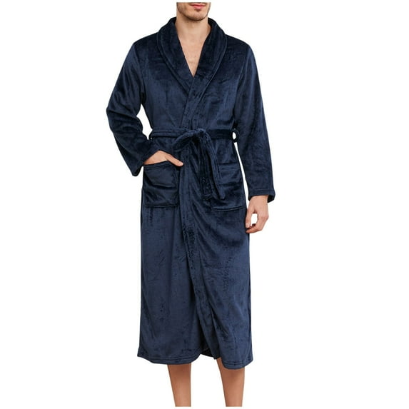 Flannel Robes for Men with Pockets and Belt Long Sleeve Fleece Bathrobes Mens Solid Color Long Length Thermal Warm Loungewear Pajamas Bath Robe