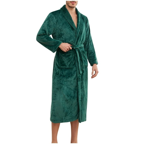 Flannel Robes for Men with Pockets and Belt Long Sleeve Fleece Bathrobes Mens Solid Color Long Length Thermal Warm Loungewear Pajamas Bath Robe