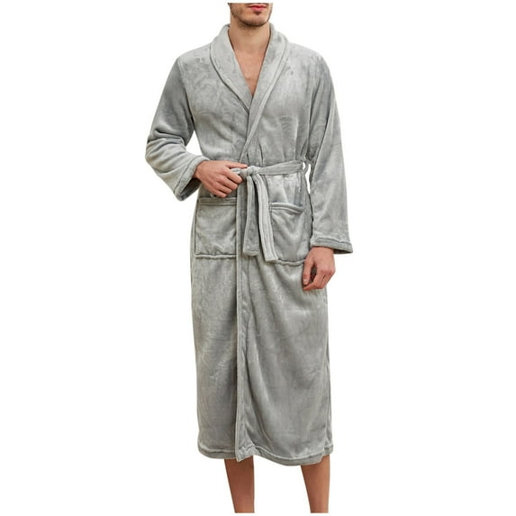 Flannel Robes for Men with Pockets and Belt Long Sleeve Fleece Bathrobes Mens Solid Color Long Length Thermal Warm Loungewear Pajamas Bath Robe
