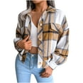 thumbnail image 1 of Flannel Shacket Jackets for Women Button Up Lapel Neck Plaid Shirt Long Sleeve Tops Casual Fashion Fall Coats Outwear (L, Khaki Short), 1 of 5