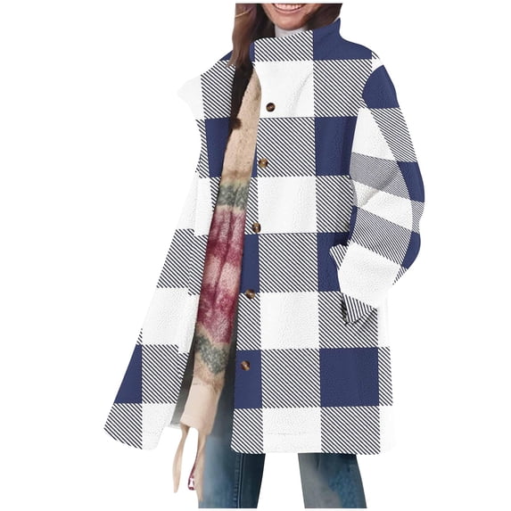 Flannel Shacket for Women Color Block Long Sleeve Mid Length Button Down Standing Collor Overcoat with Pockets Blue 2XL