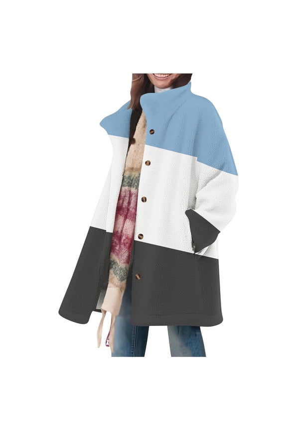 Flannel Shacket for Women Color Block Long Sleeve Mid Length Button Down Standing Collor Overcoat with Pockets Light Blue XL