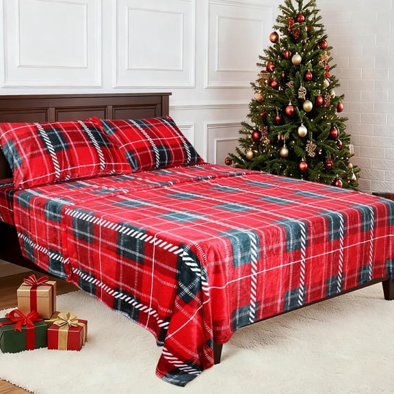 Flannel Sheet Set Christmas Printed 4PC Deep Pocket Queen Sheet Set