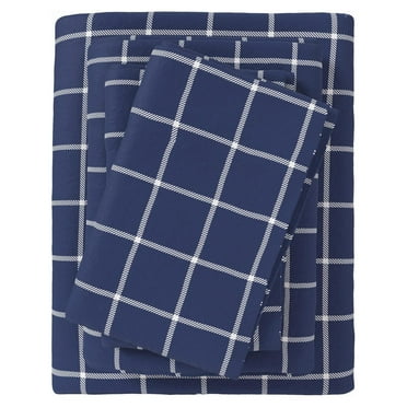 Flannel Sheet Set Full Size - 100% Turkish Cotton, Double-Brushed, Printed Bed Sheets - Ultra-Soft, Cozy, 4-Piece Bedding Set (Windowpane - Navy/White)