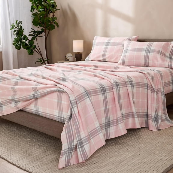 Flannel Sheet Set Prints, Cotton, Velvety Soft Heavyweight - Double Brushed Flannel - Deep Pocket (Split King, Aurora Plaid - Pink)