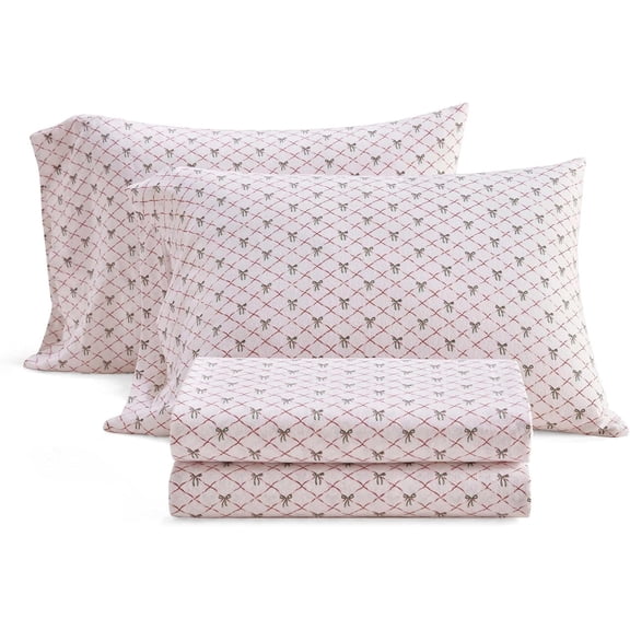 Flannel Sheet Set Queen Size Holiday Bows Red Soft Cotton Bedding