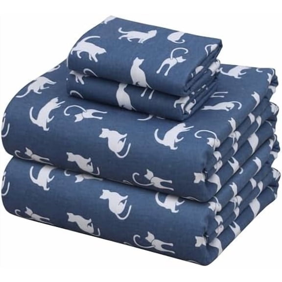 Flannel Sheets Full Size - 100% Cotton Double Brushed Bed Sheets Set, Deep Pockets 16 Inches, All Seasons Breathable & Extra Soft Full Sheets, Warm & Cozy, 4 Piece, White Cat